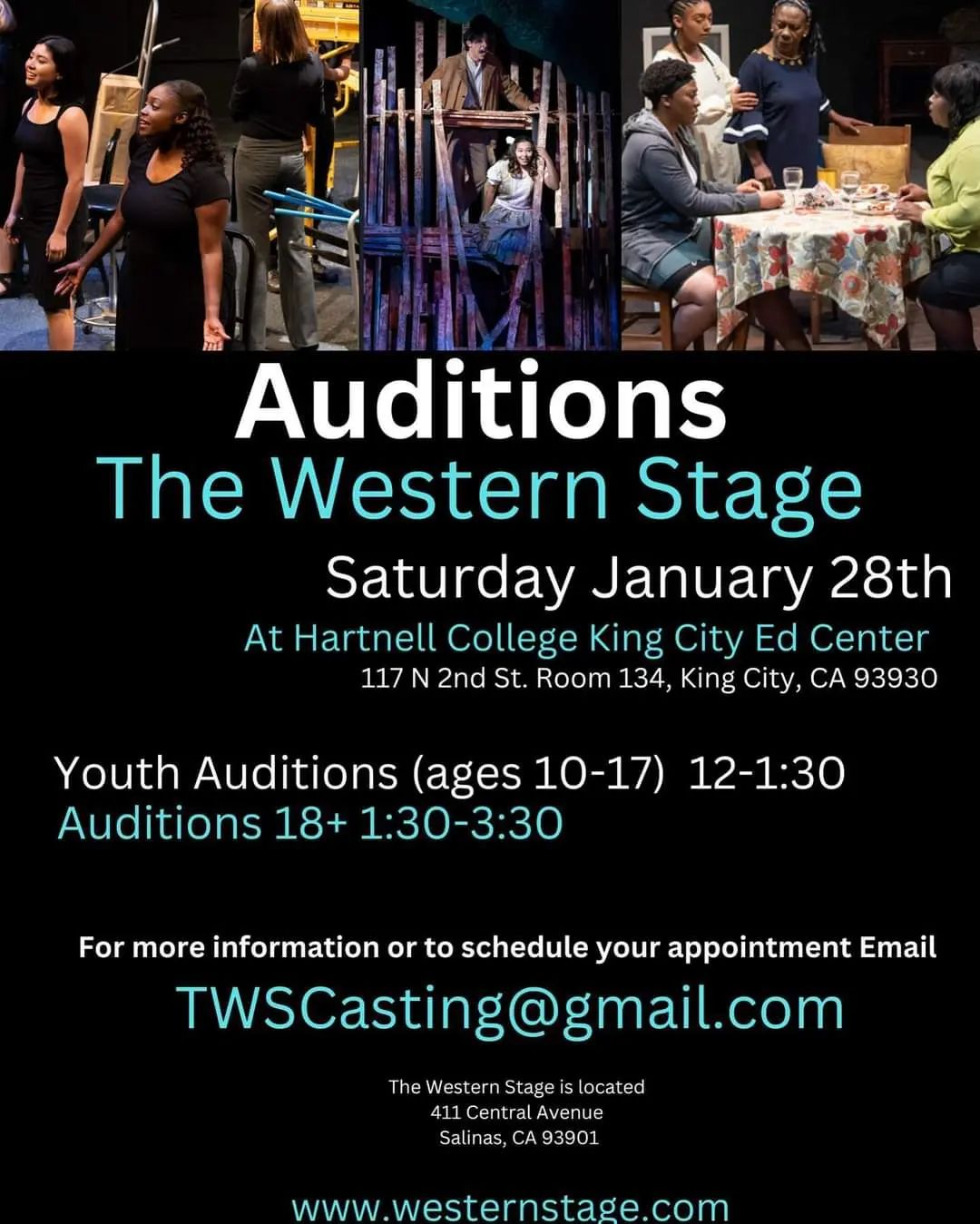 The Western Stage is holding community auditions in King City! For more info and to sign up - twscasting@gmail.com and 
westernstage/auditions.com