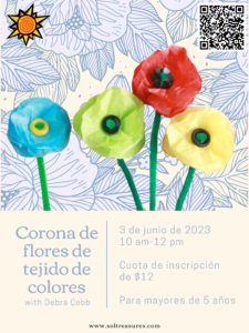 Event flyer for Colorful Tissue Flower Wreath with Spanish translation