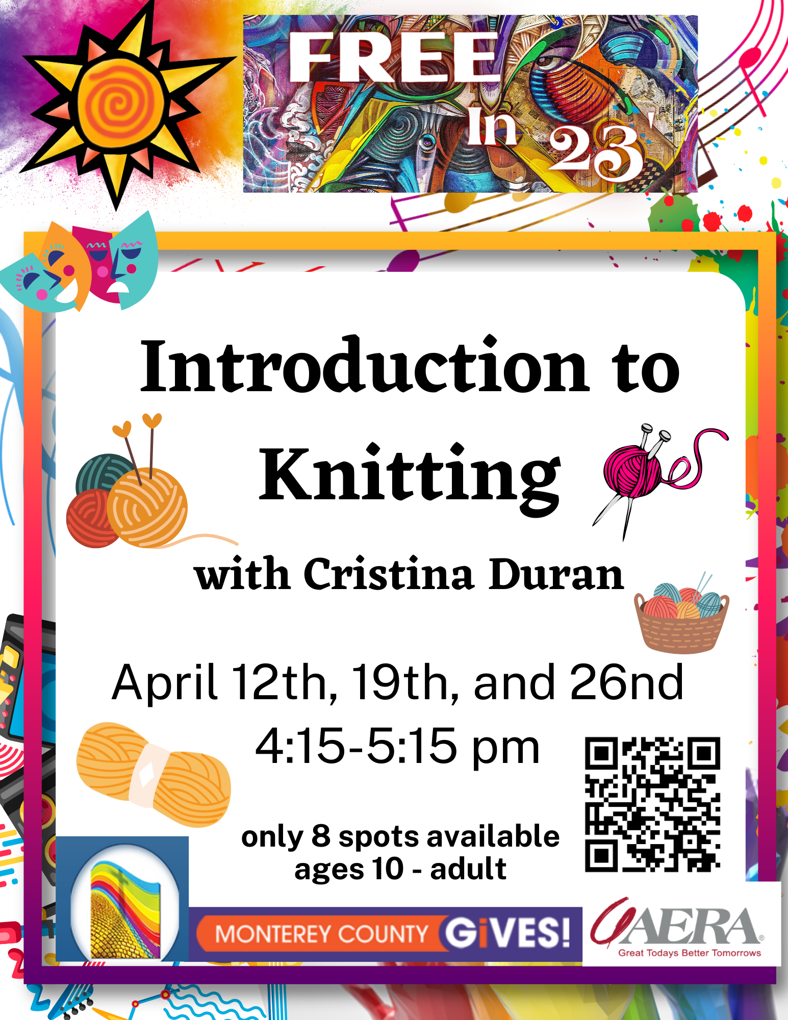 Flyer for Introduction to knitting class with cirstina duran on april 12th, 19th and 26th from 4:15 - 5:15 PM.