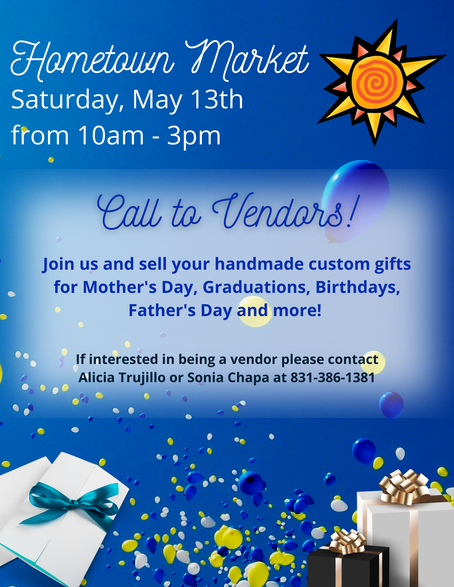 Flyer for "Call to Vendors" for Sol Treasures Hometown Market on Saturday May 13th from 10am - 3pm.