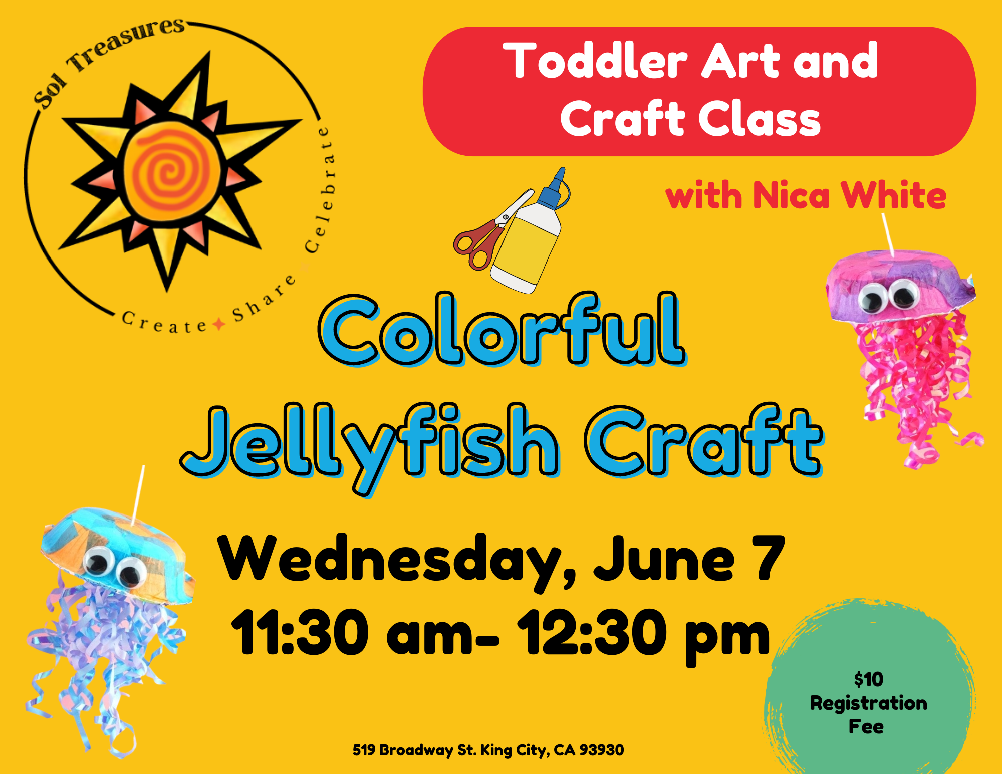 Toddler Jellyfish Craft flyer. Wednesday, June 7 from 11:30am - 12:30pm